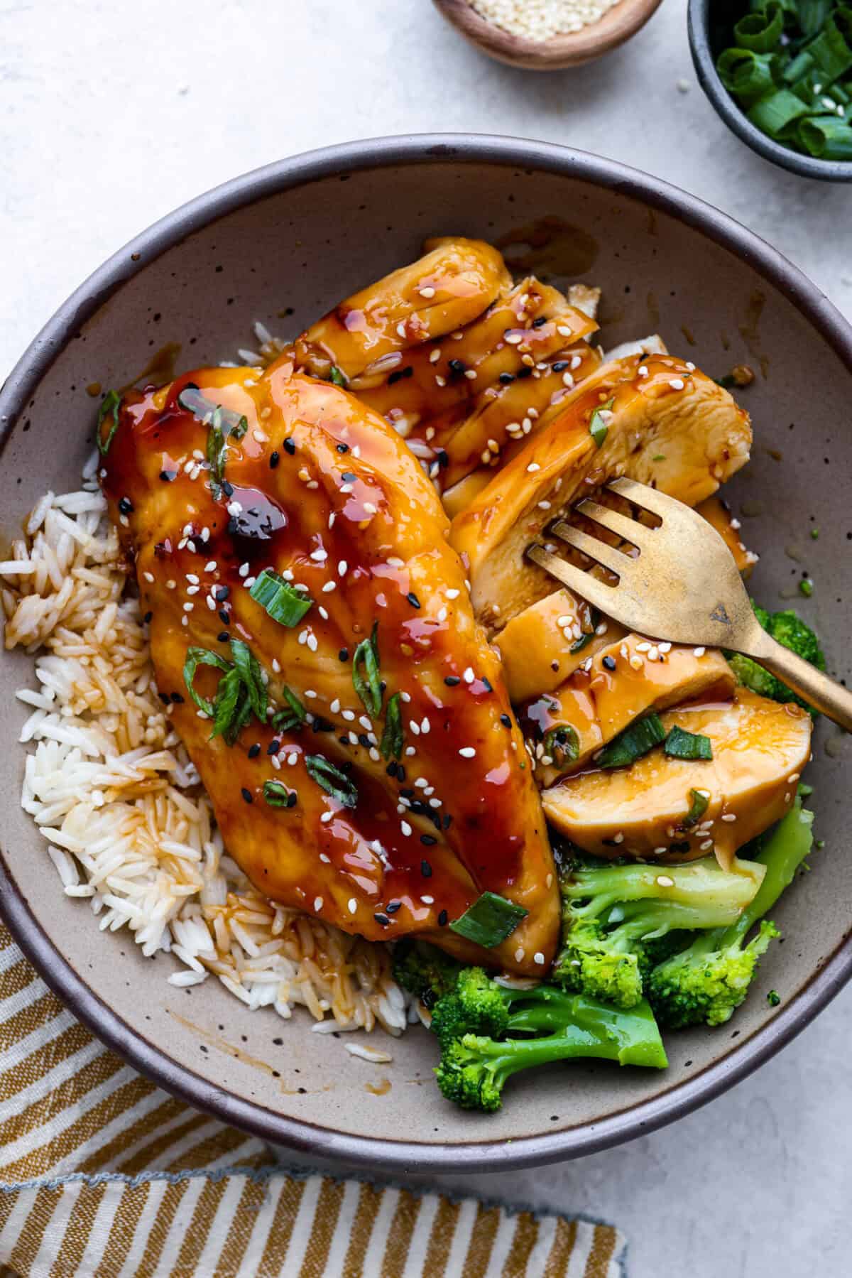 Overhead shot of plated baked teriyaki chicken. 