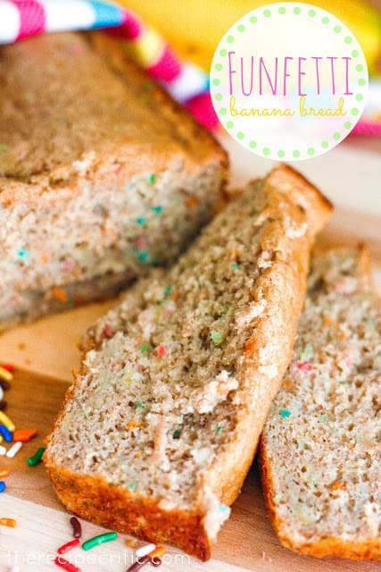 Funfetti Banana Bread sliced for serving. 