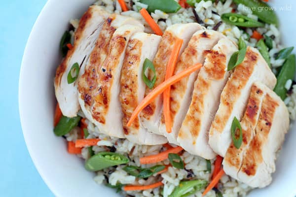 Grilled Citrus Chicken Rice Bowl in a white bowl. 