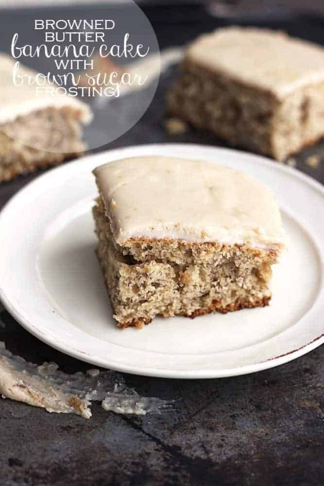 A slice of Browned Butter Banana Cake with Brown Sugar Frosting on a white plate. 