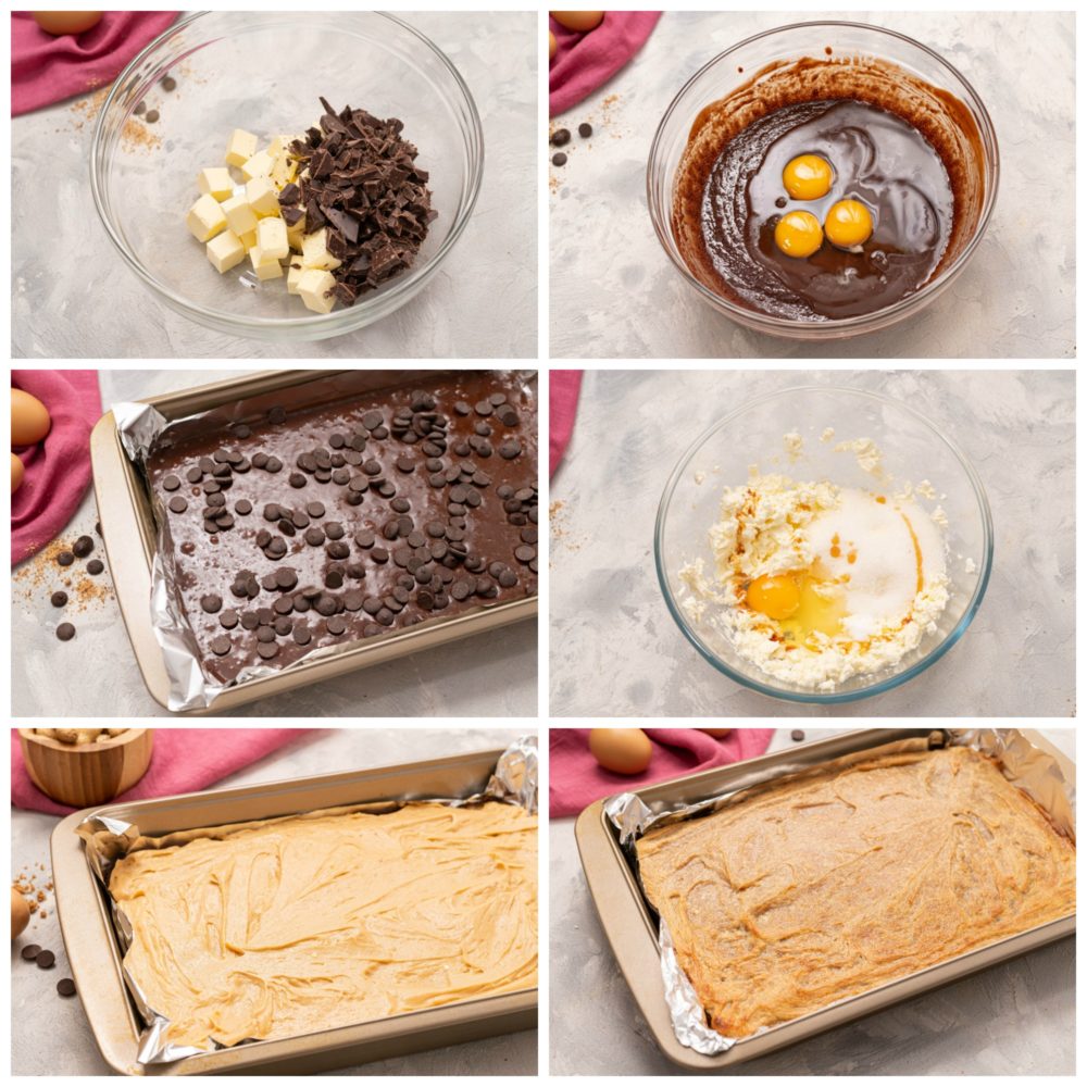 Process of making Peanut Butter Cheesecake Brownie Bars.