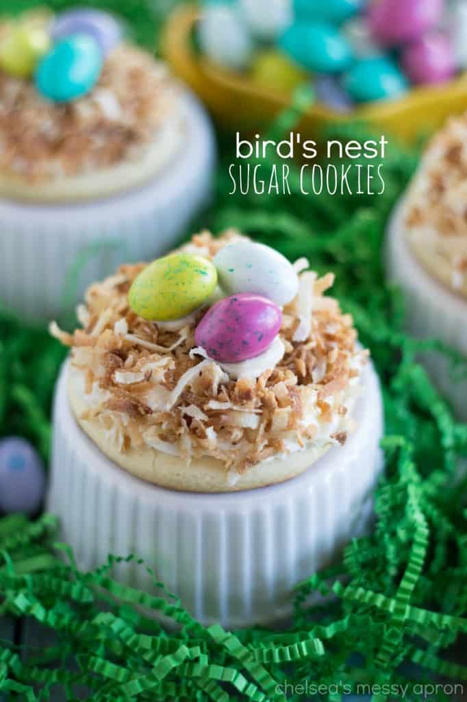 Sugar Cookie Bird's Nest Cookies with green paper nesting. 