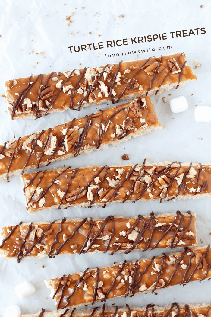 Classic rice krispie treats with a delicious turtle topping of creamy caramel, crunchy pecans, and a decadent chocolate drizzle! | Love Grows Wild for okhealthlyliving.com