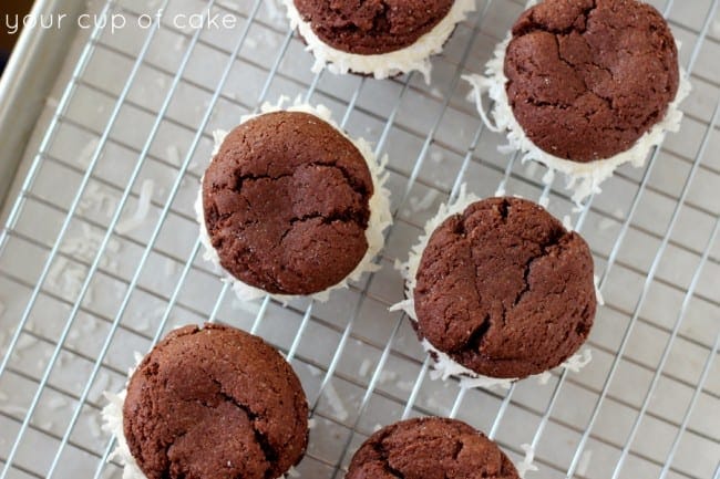 Overhead view of Chocolate Coconut Whoopies on a cooling rack. 