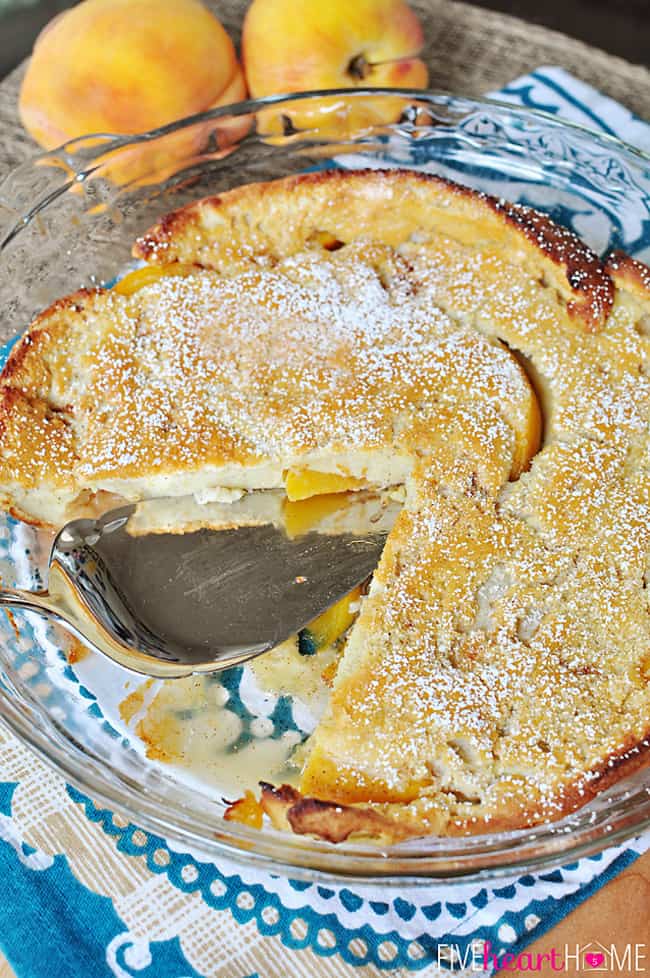 Peach German Pancake (Dutch Baby) ~ golden, puffy, and piping hot skillet pancake studded with peaches | FiveHeartHome.com