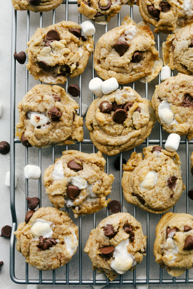 S'mores cookies on a wire rack cooling. 