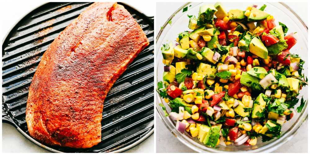 Salmon on a skillet and avocado salsa in a bowl.