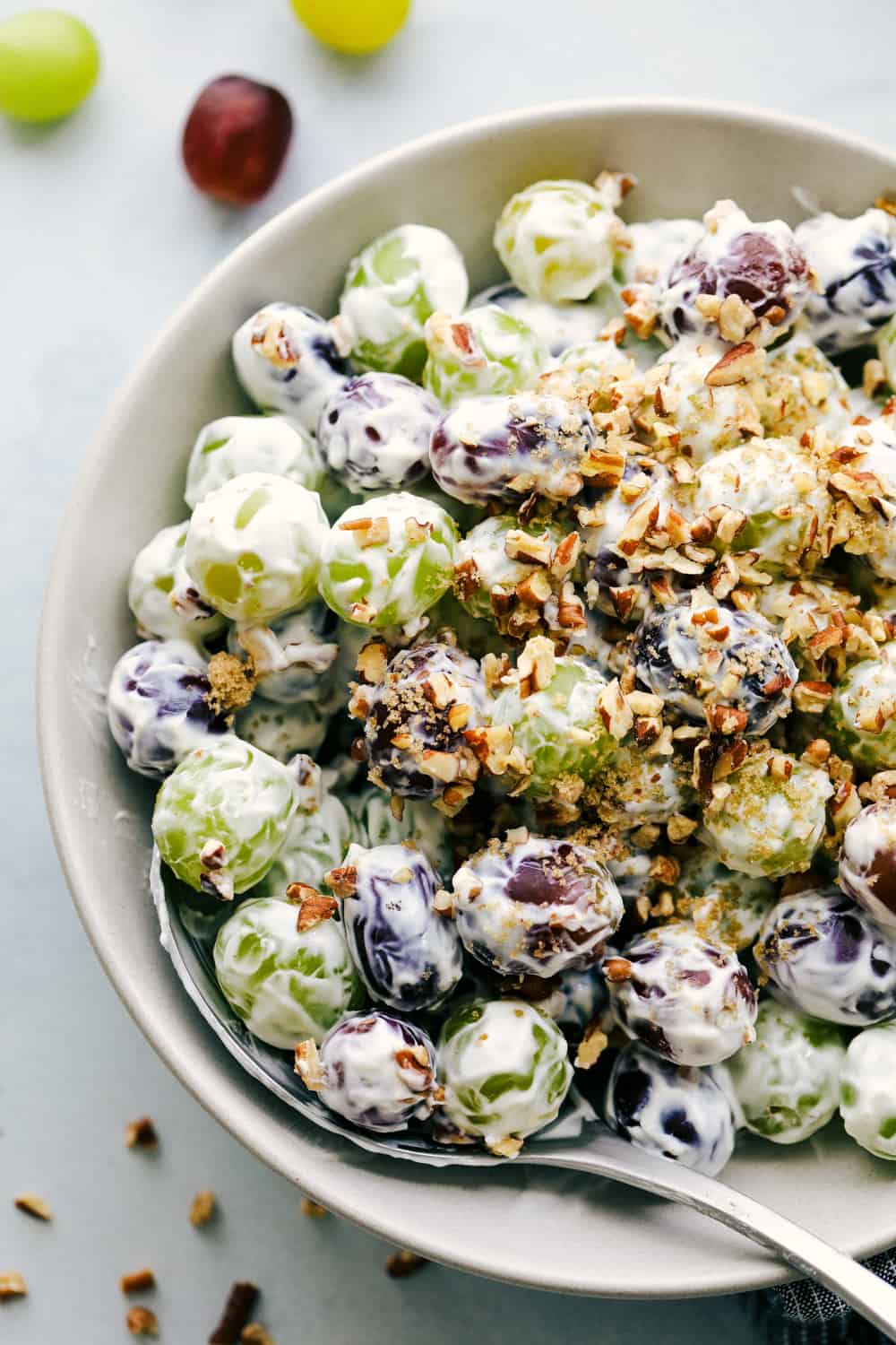 Creamy grape salad in a bowl.