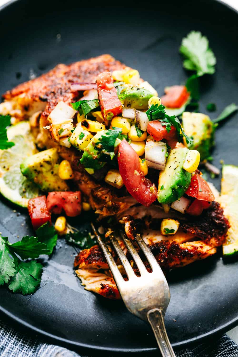 Close up of Grilled Salmon with Avocado Salsa