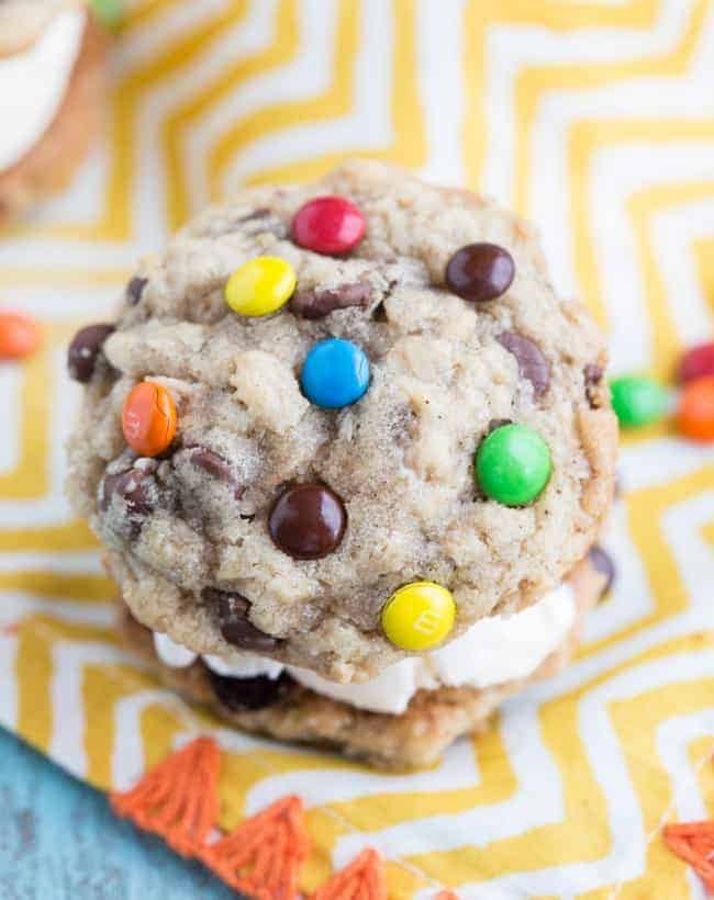 M and M cookie with ice cream in the middle. 