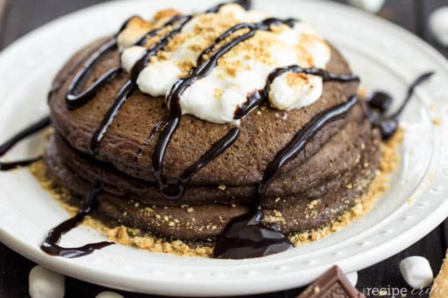 S'mores pancakes stacked on top of each other. 