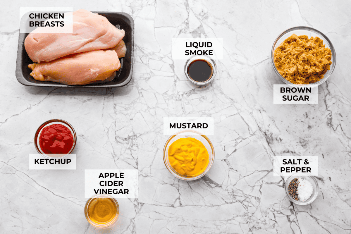 Overhead shot of labeled ingredients. 