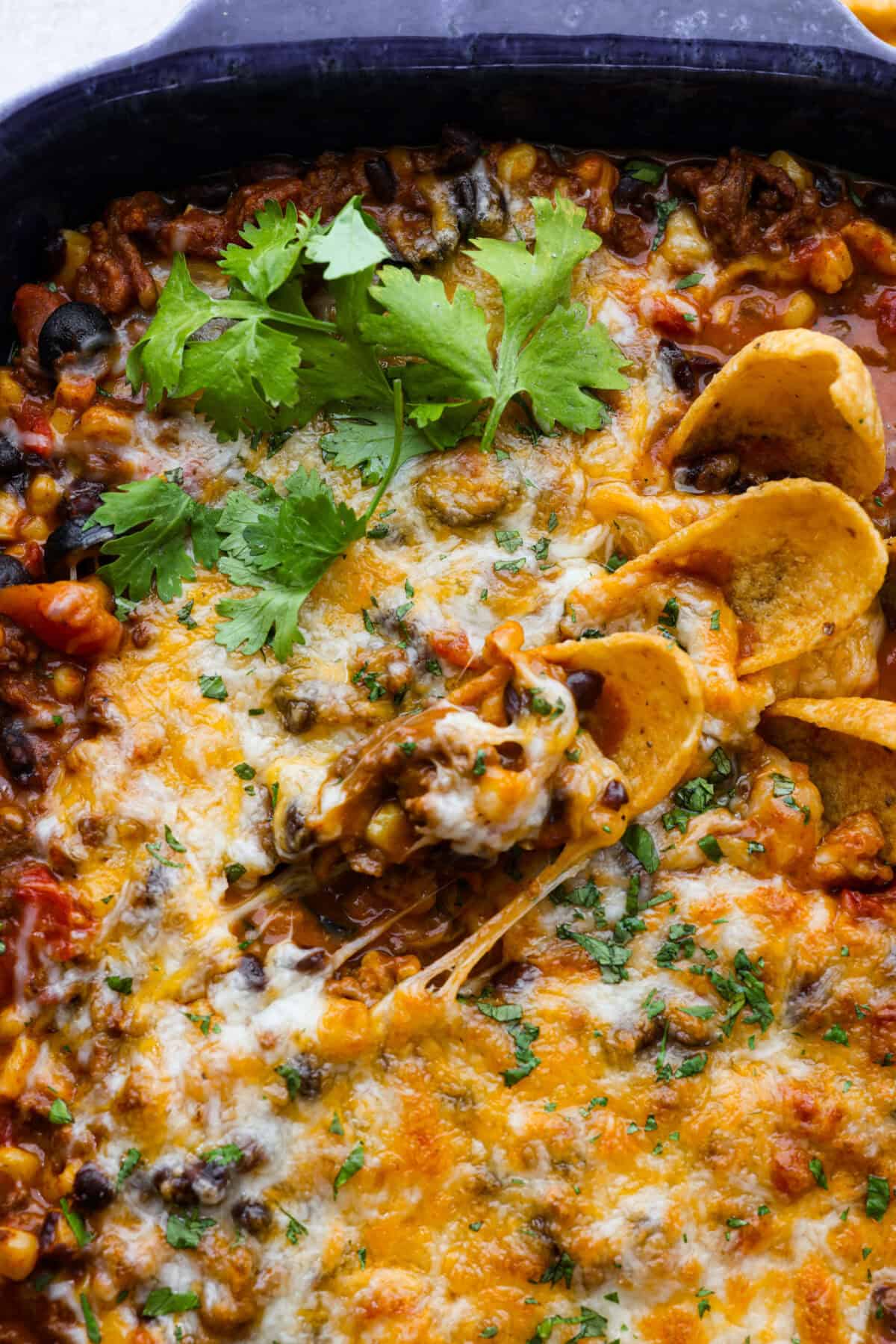 Close up shot of beef enchilada dip. 