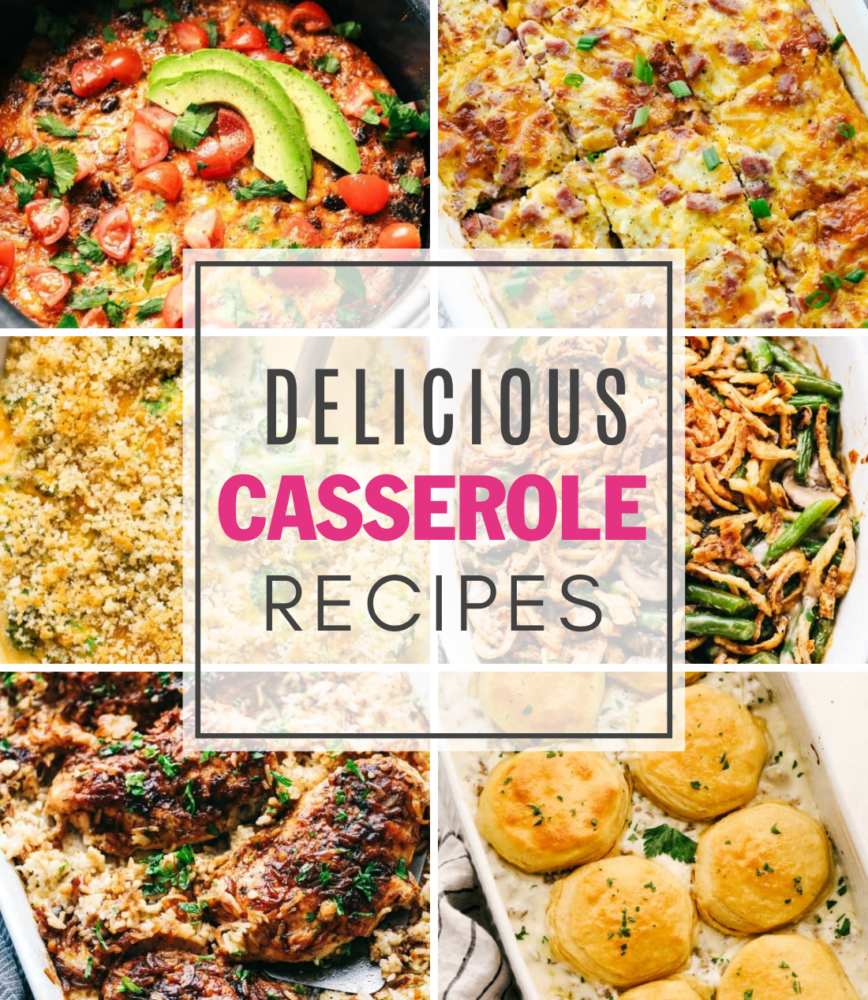 A collage of 6 pictures of casseroles with text in the middle that says Delicious Casserole Recipes. 