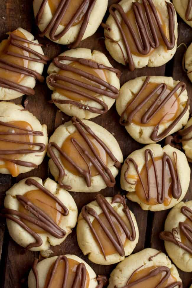 Overhead shot of Twix thumbprint cookies.