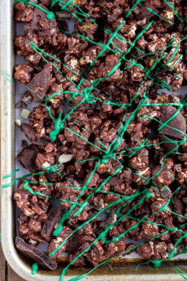 Grasshopper Popcorn in a cookie Sheet. 