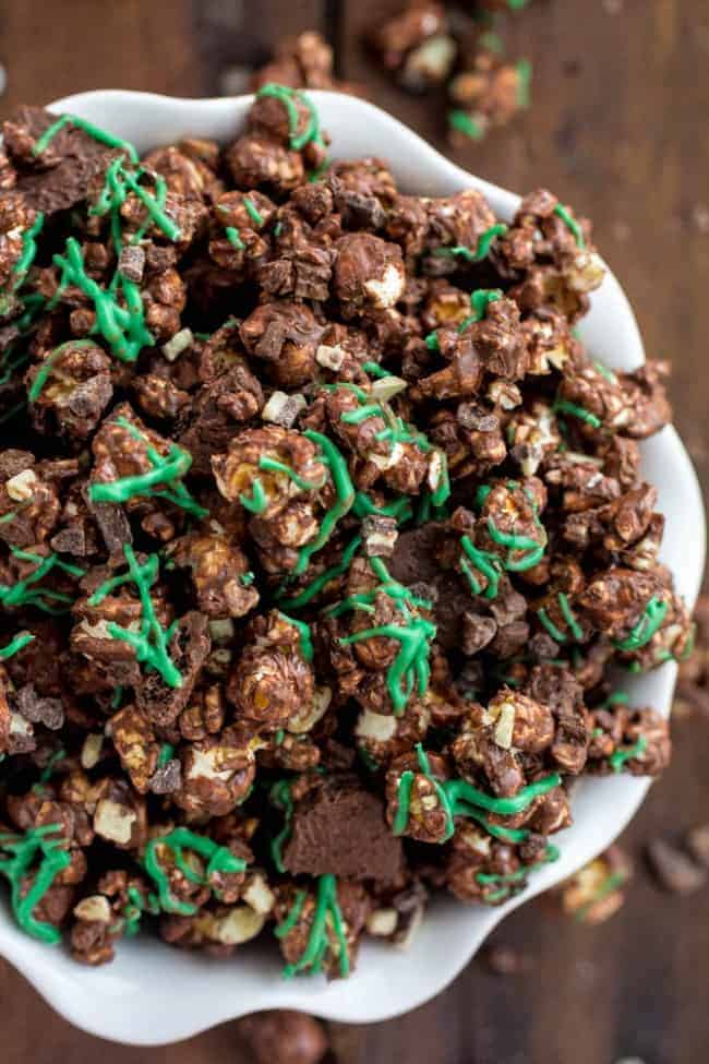 Overhead photo of Grasshopper Popcorn in a white bowl.