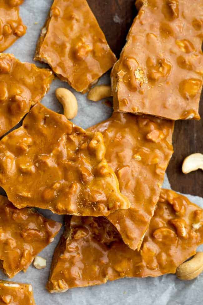 Cashew brittle broken into pieces. 