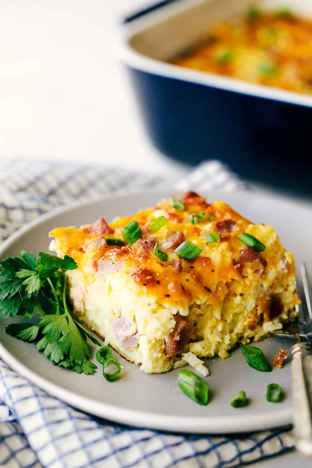 Angle shot of a plated slice of casserole. 