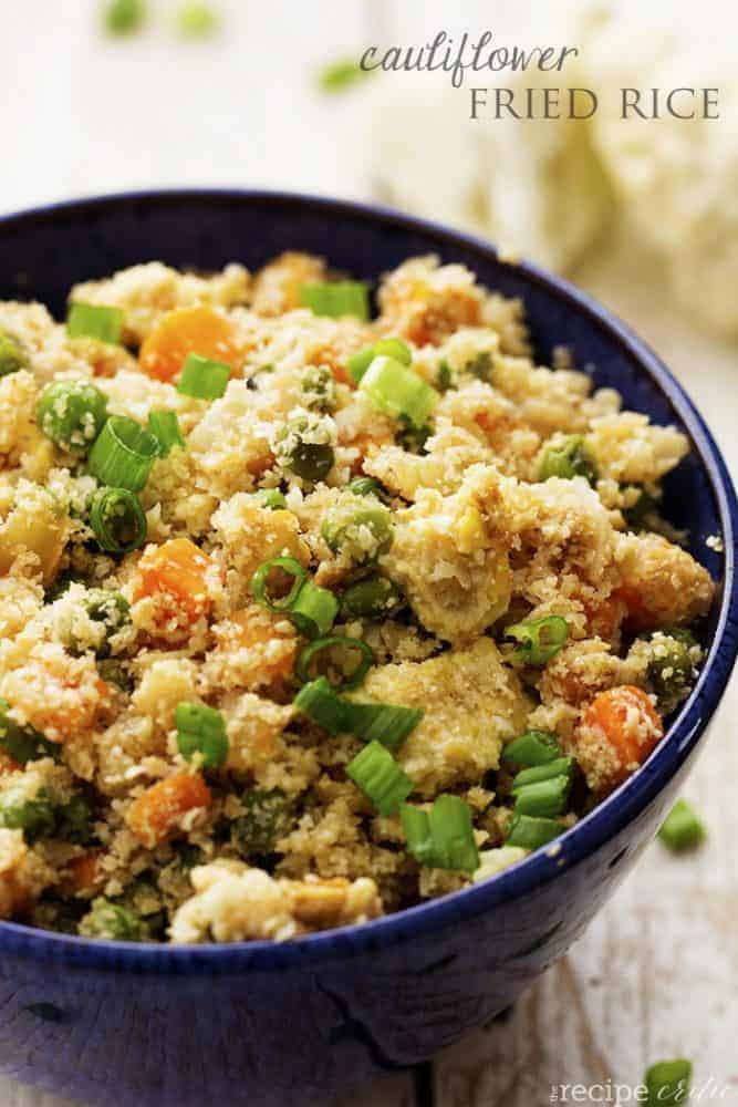 Cauliflower fried rice in a blue bowl.