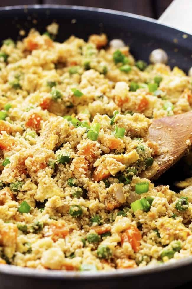 Close up view of cauliflower fried rice.