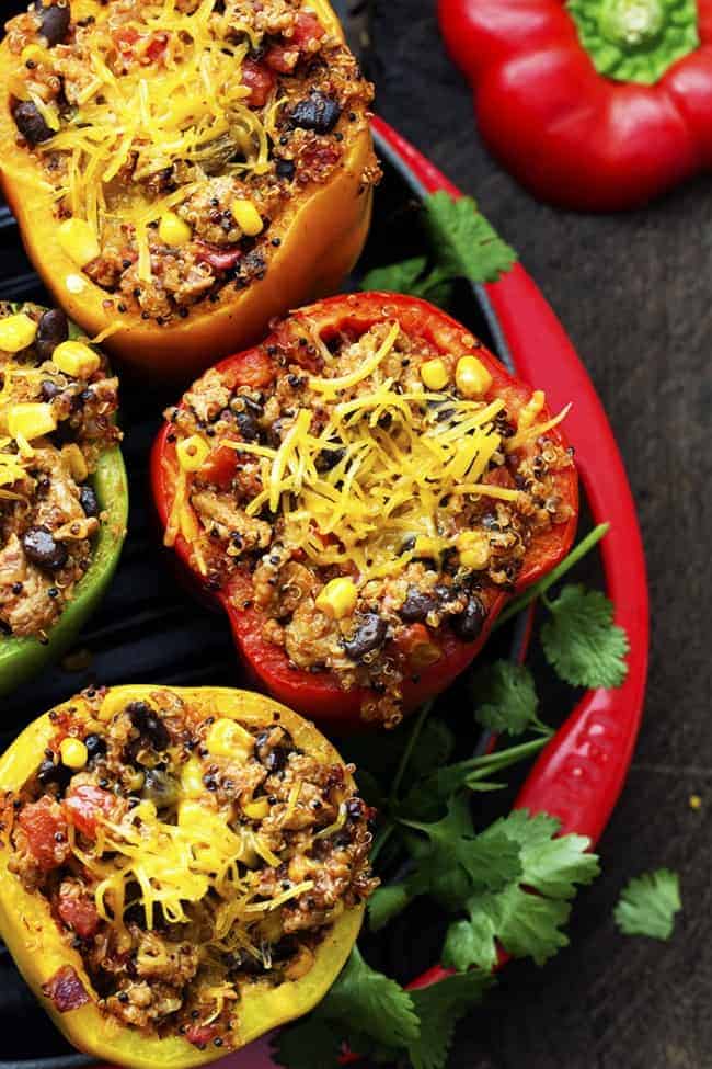 Close up areal view of mexican quinoa stuffed peppers.