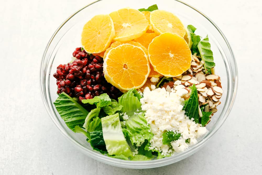 The ingredients ready to toss in the Orange Pomegranate Salad.