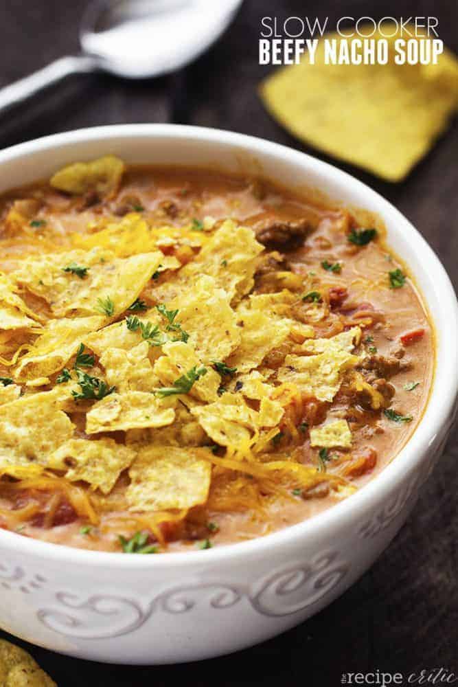 Slow cooker beefy nacho soup in a bowl.