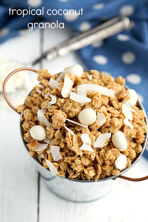 tropical granola with coconut in a bowl.