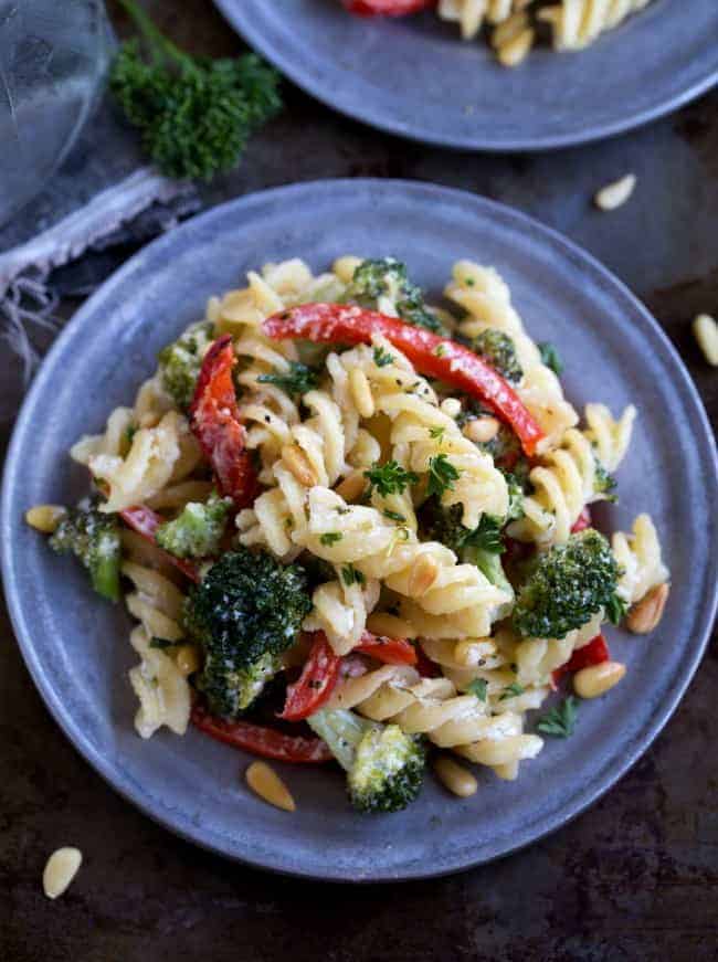 Goat Cheese Pasta on a blue plate.