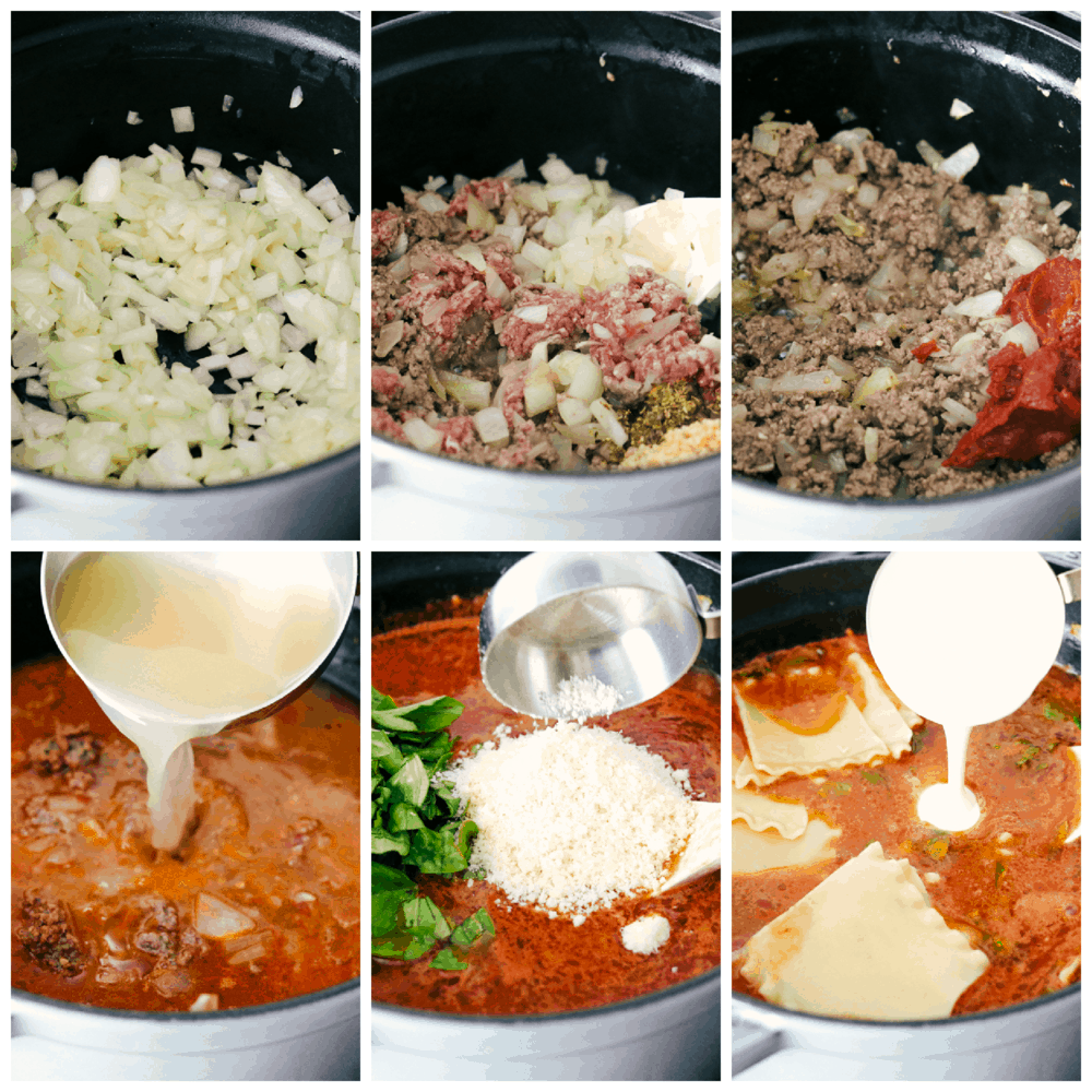 Sauteing onion, ground meat, and making flavored broth for Lasagna Soup.