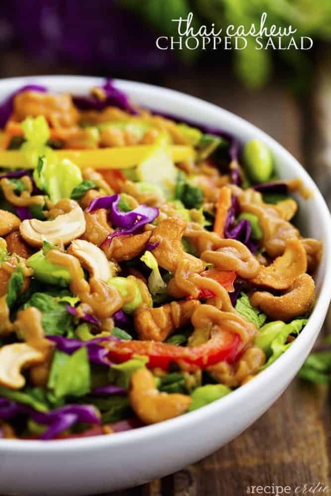 thai cashew salad in a white serving bowl.