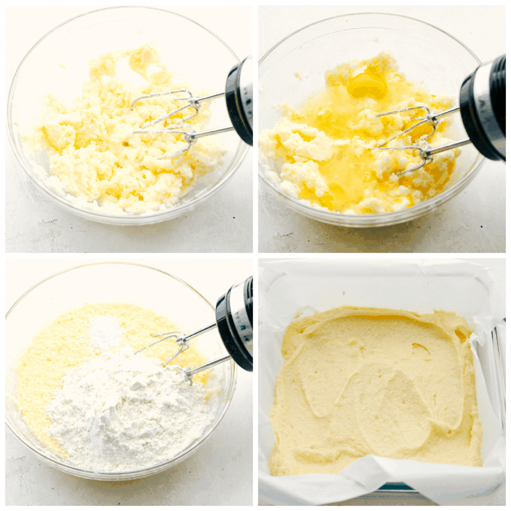 Mixing the ingredients and spreading it in the pan for lemon brownies. 