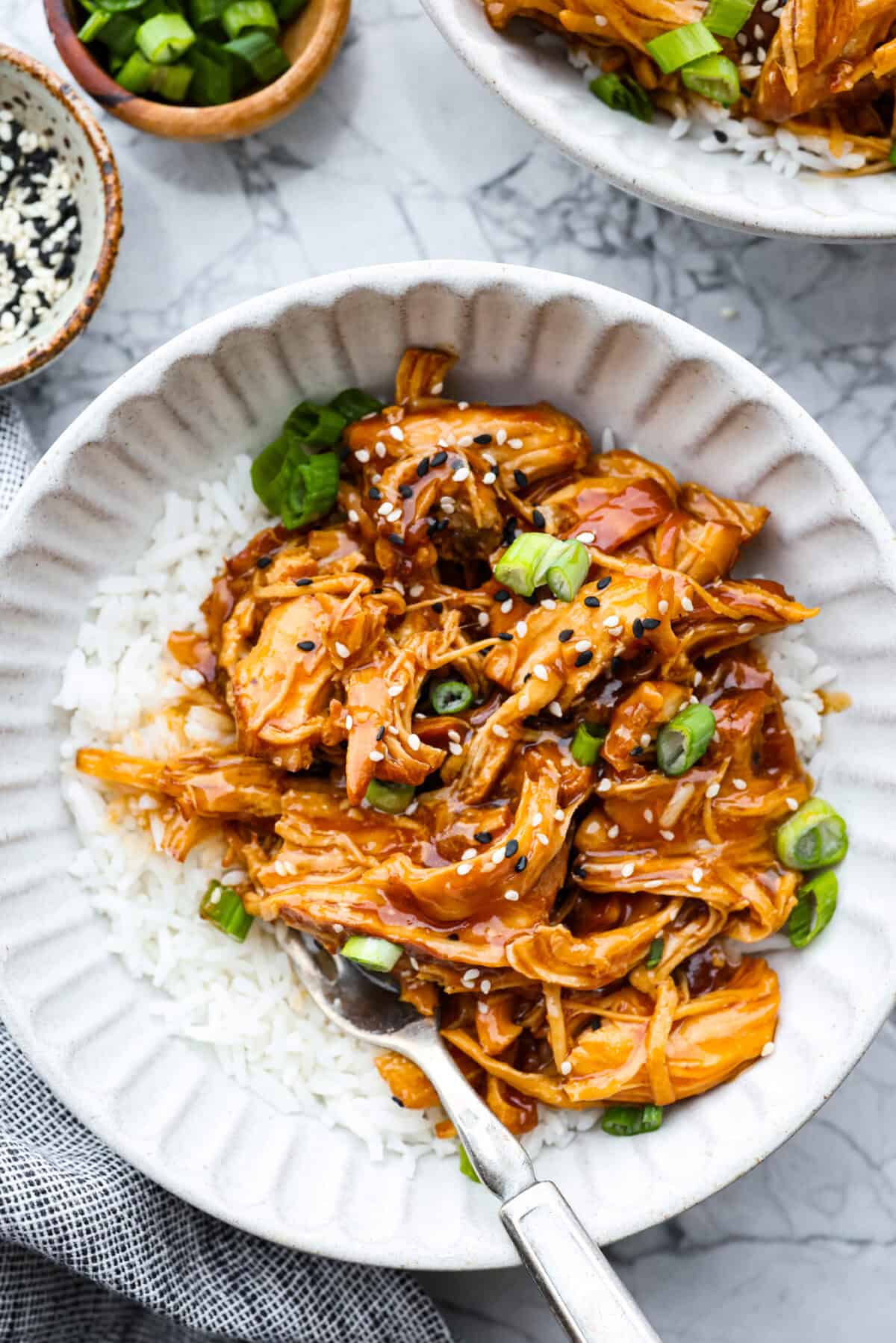 Overhead shot of plated slow cooker honey teriyaki chicken. 