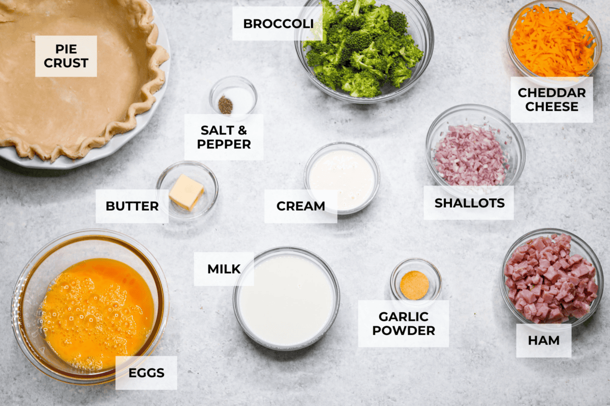 Overhead shot of labeled ingredients. 