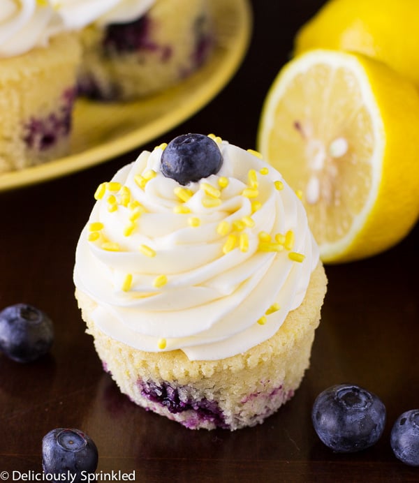 Close up on one Lemon Blueberry Cupcake.