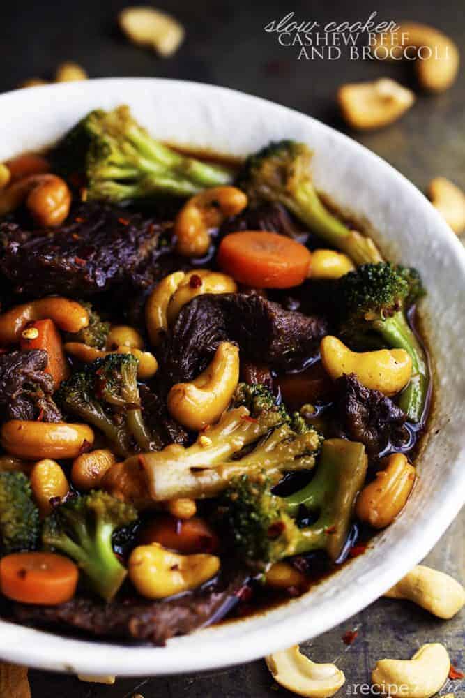 cashew beef and broccoli in a white bowl