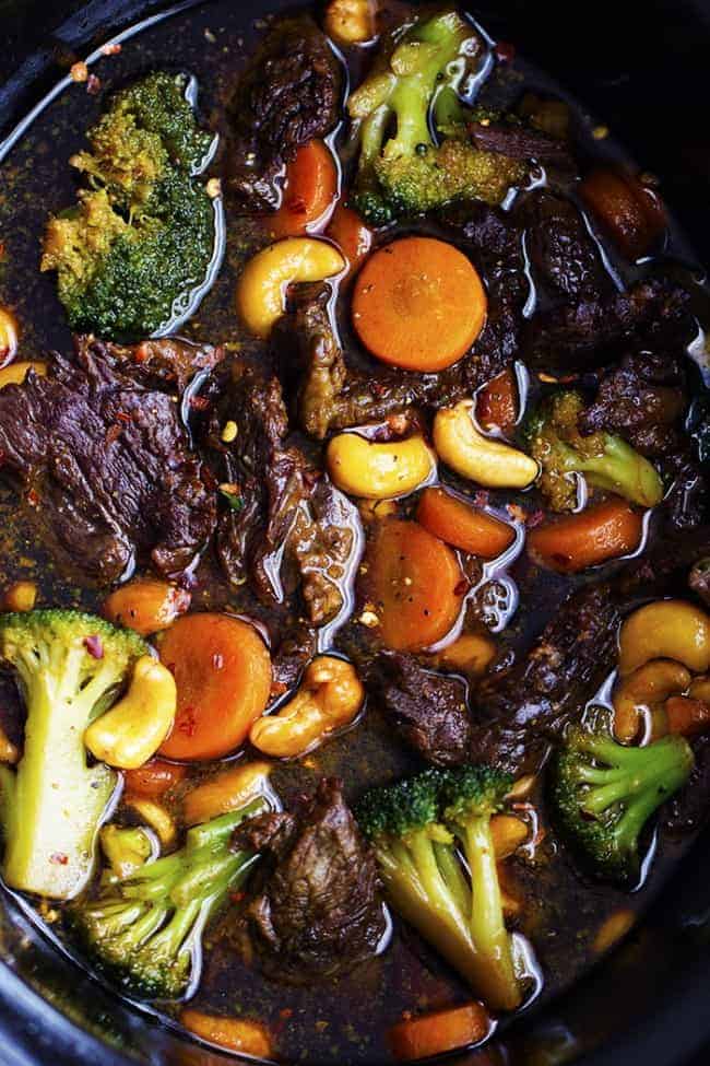 cashew beef and broccoli areal view in the slow cooker.