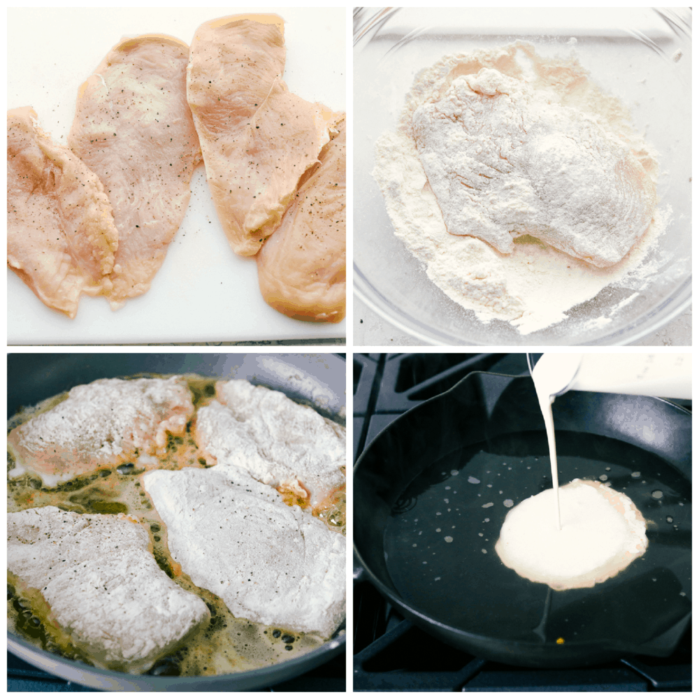 Chicken breasts being seasoned, breaded and cooked, and the creamy sauce being made. 