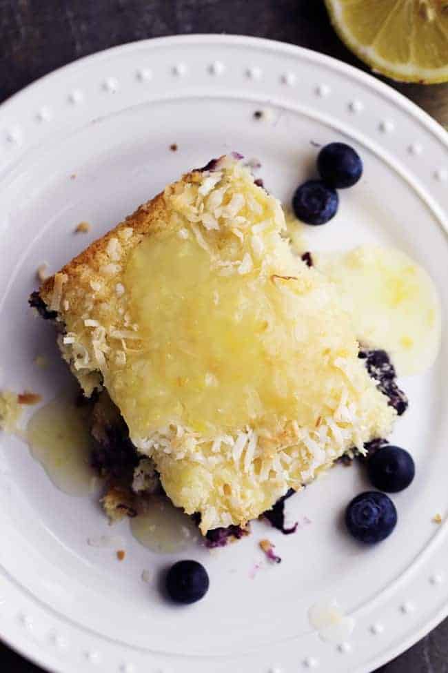 coconut blueberry cake areal view on a white plate