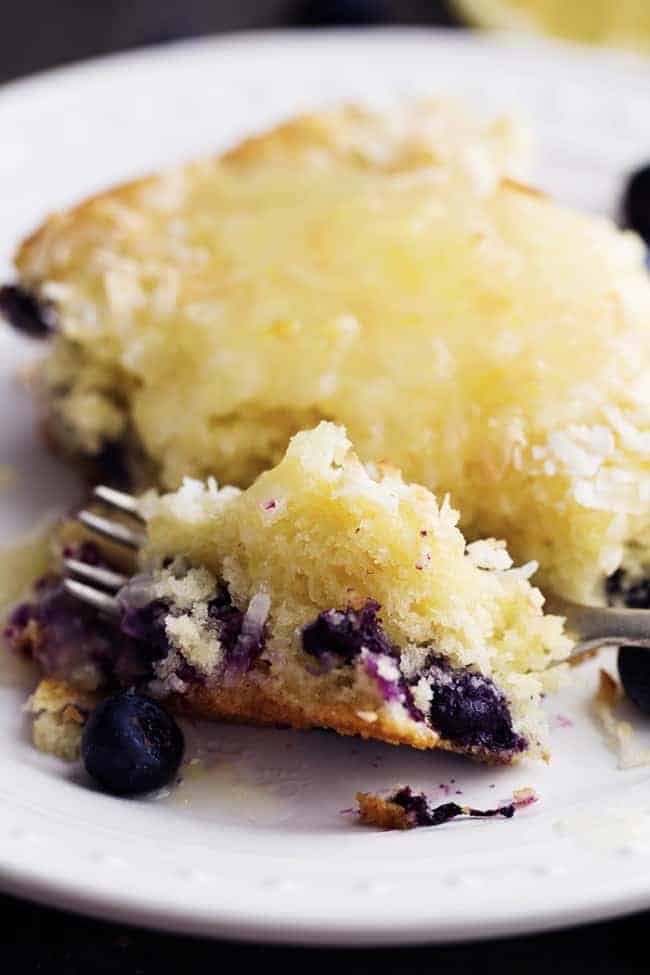 coconut blueberry cake close up on a fork full of cake.