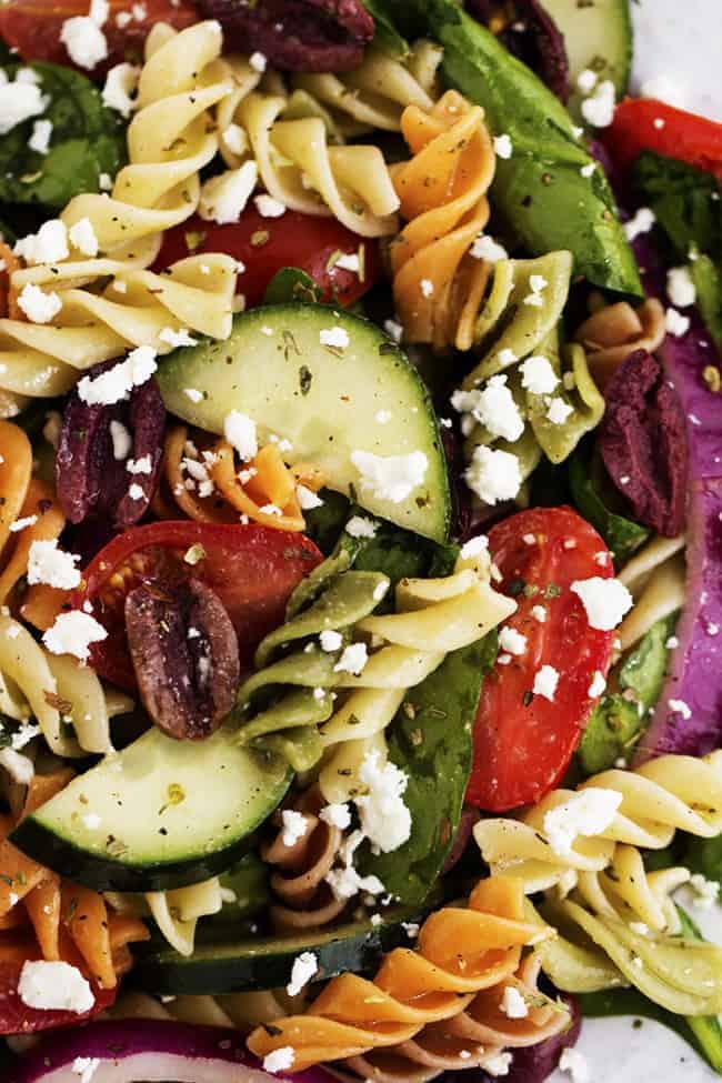 greek pasta salad close up.