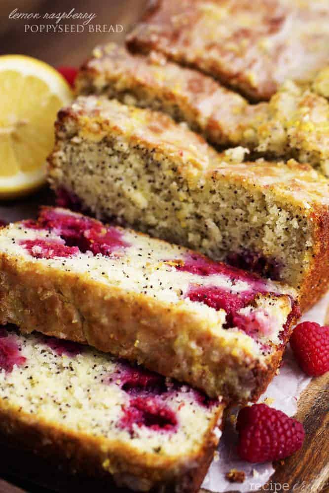 lemon raspberry poppyseed bread loaf sliced.