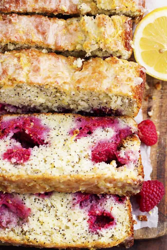 lemon rasperry bread loaf sliced.