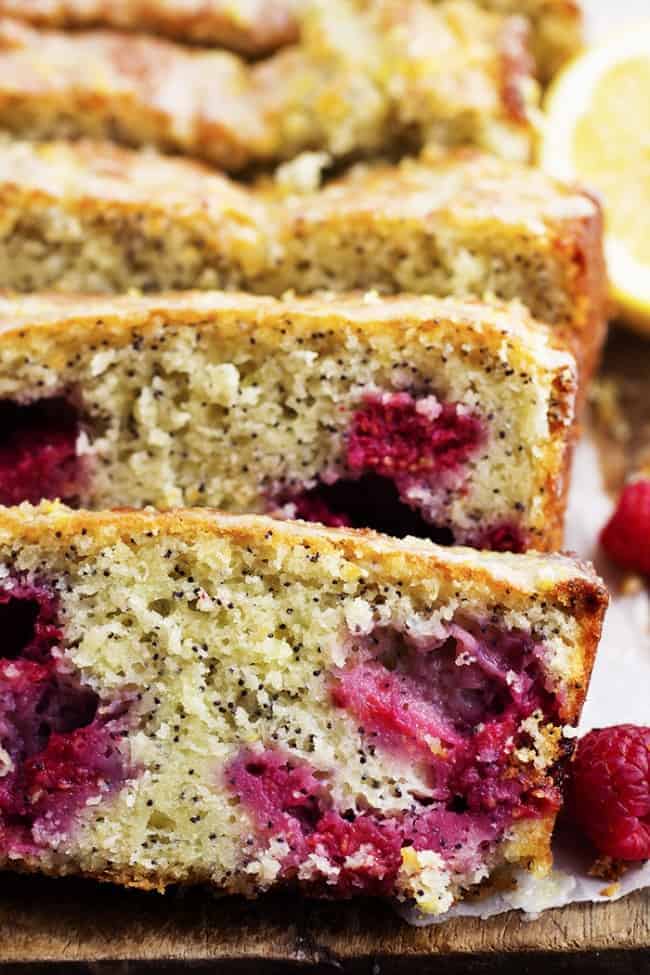 raspberry lemon bread slices close up.