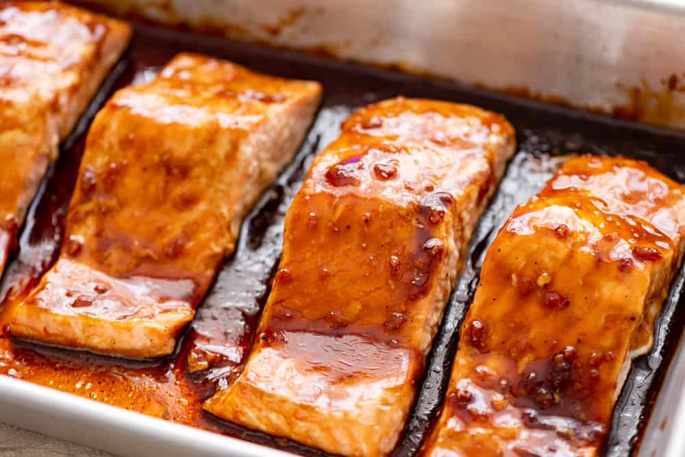 getting ready to bake teriyaki salmon in the oven 