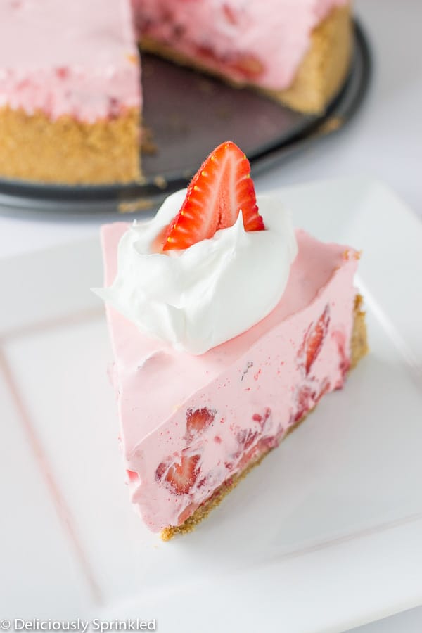 No Bake Strawberry and Cream Pie on a white plate.