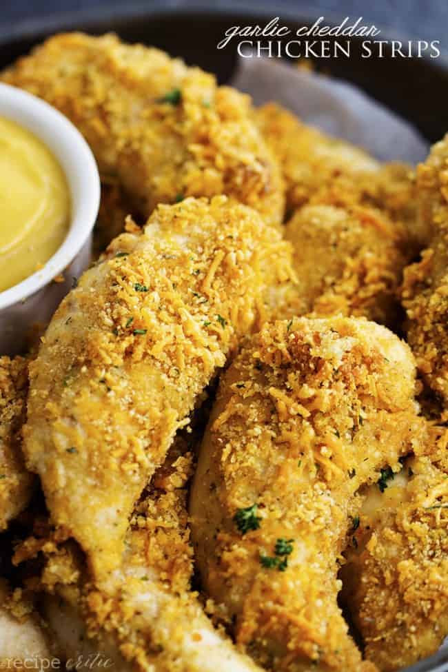 garlic cheddar chicken strips close up.