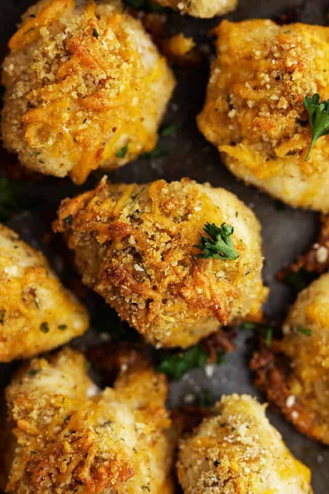 garlic parmesan cheddar chicken bites close up.