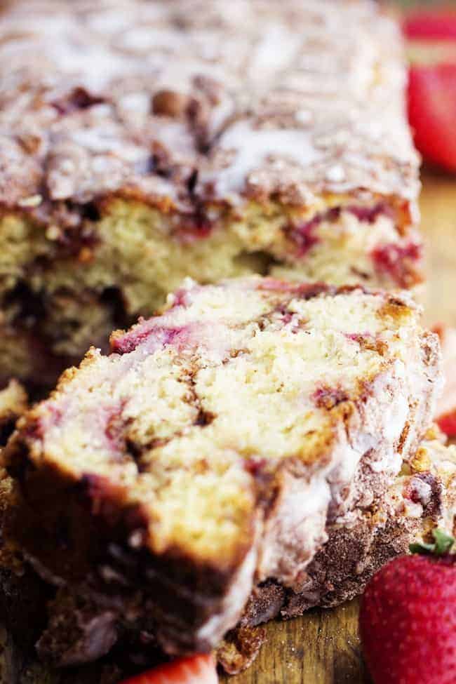 Close up on a strawberry cinnamon swirl bread slice.